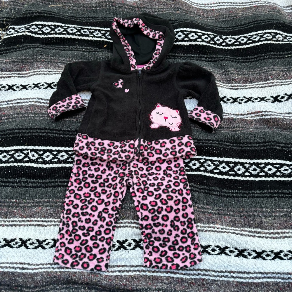 VTG BUSTER BROWN BLACK PINK LEOPARD PRINT TWO PIECE OUTFIT SIZE 6/9 MONTHS